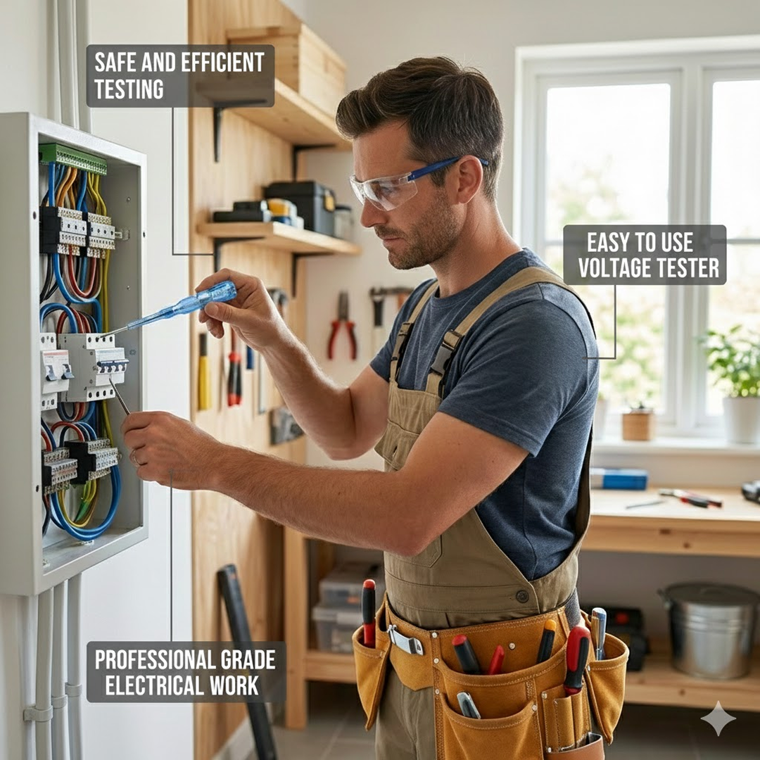 Voltage tester screwdriver measuring electrical wire.
