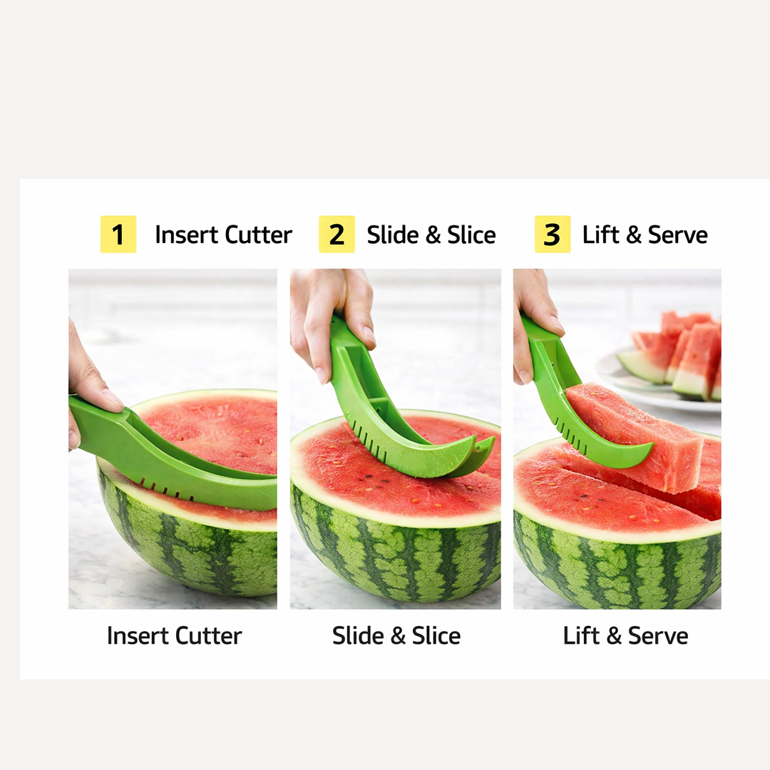 Watermelon cutter slicing through a watermelon in an illustration.