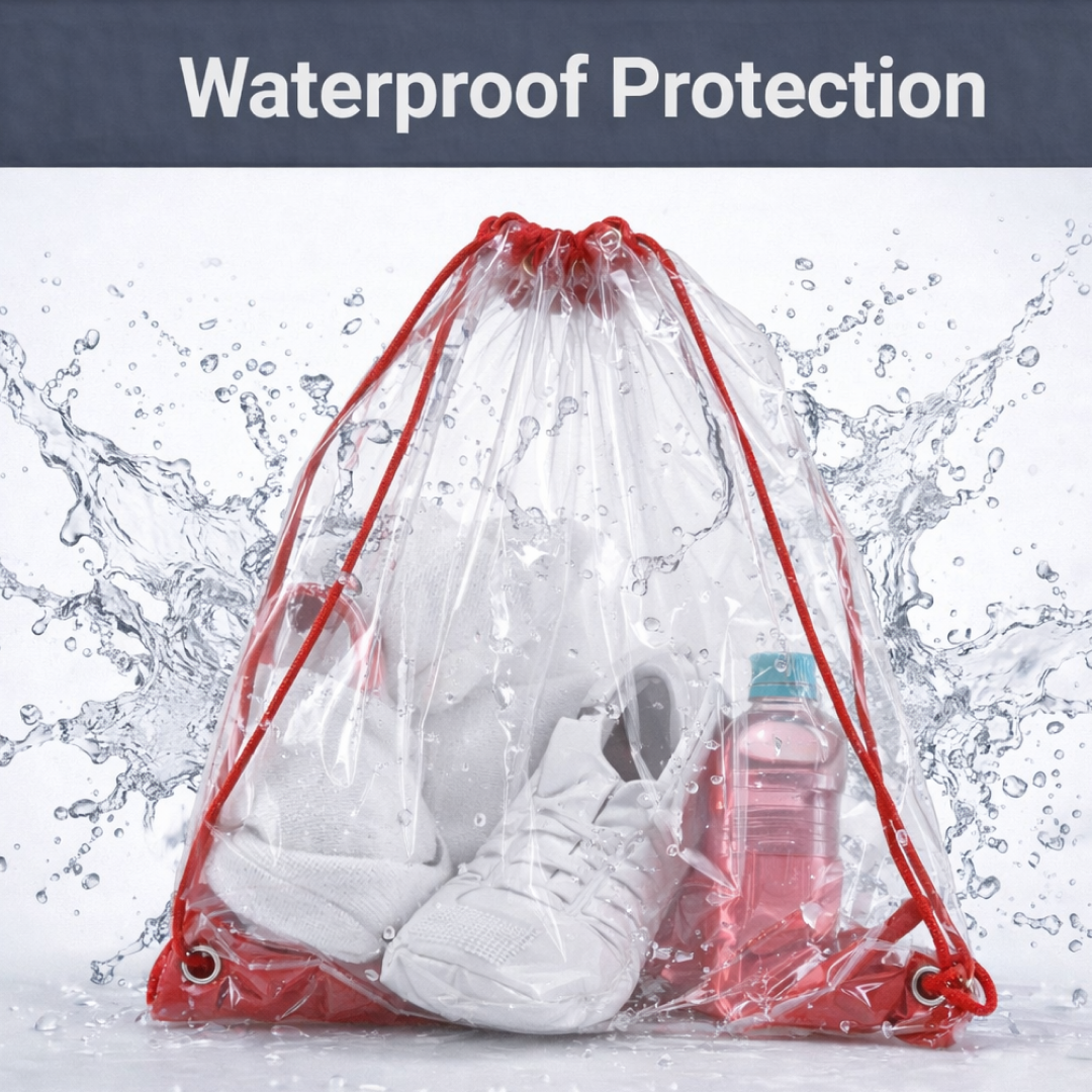 Clear stadium bag showing waterproof feature with water droplets.