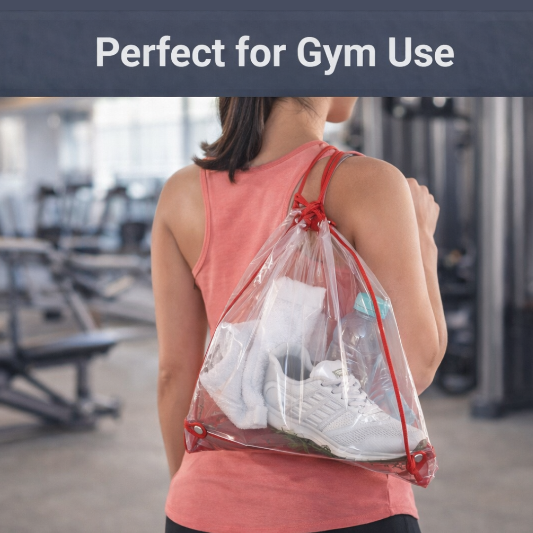Clear stadium bag displayed with sports and travel items.