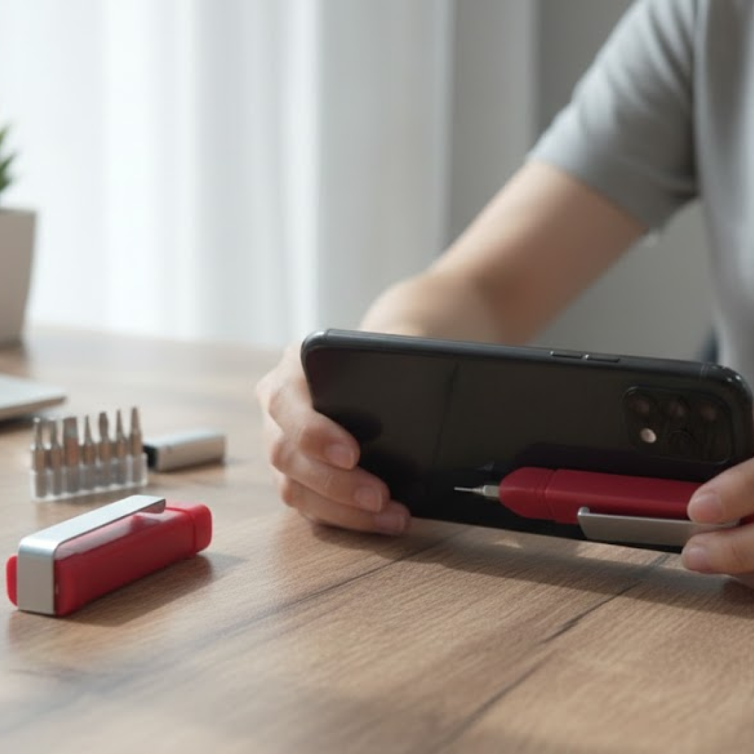 Tech tool pen with 7 screwdriver bits and phone holder cap
