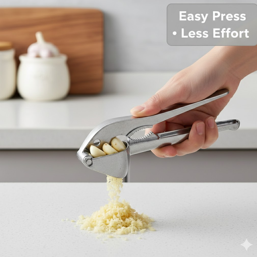 Close-up of aluminum garlic press crusher
