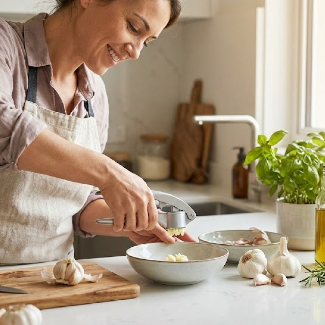 Garlic press with sturdy aluminum frame