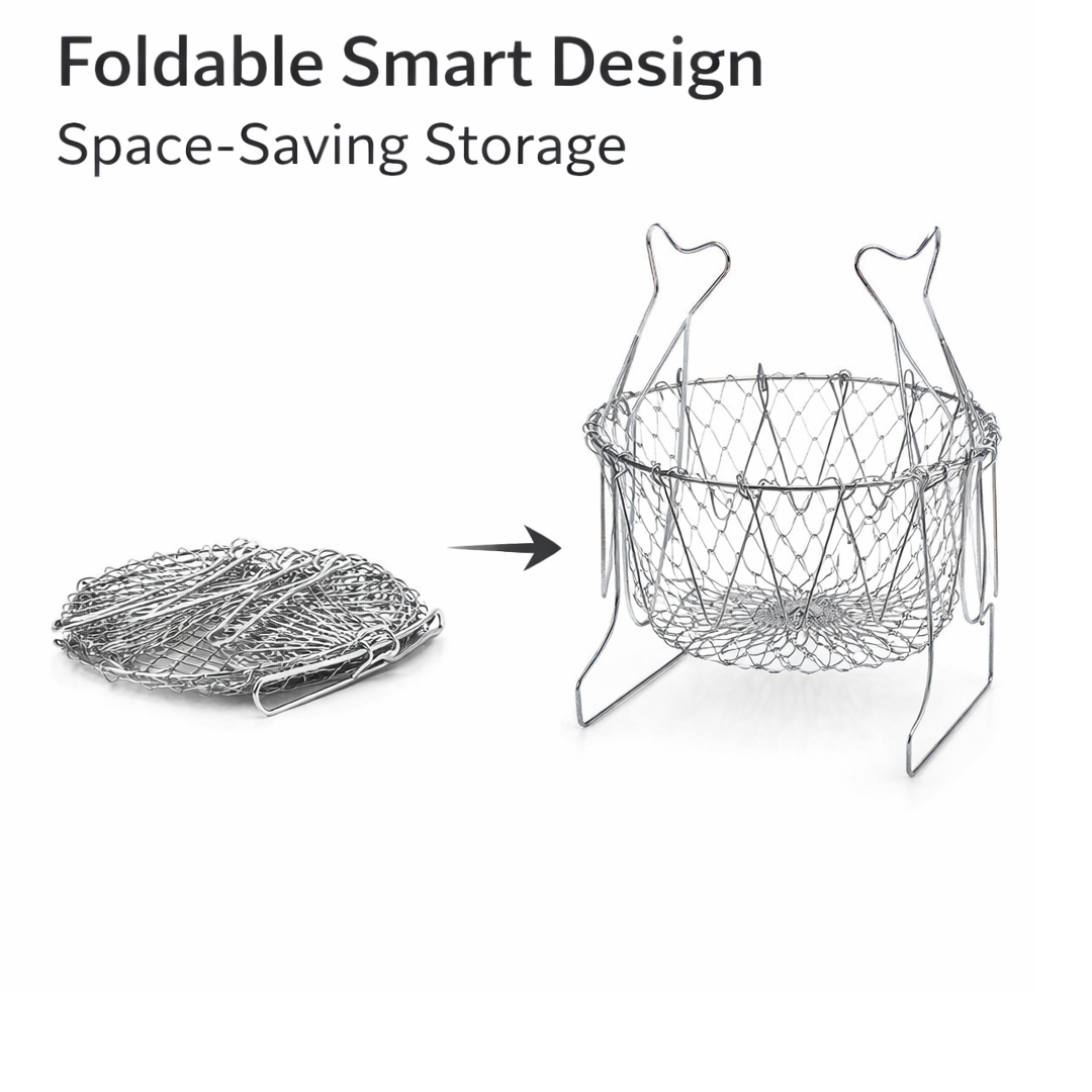 Foldable chef basket showing different configurations