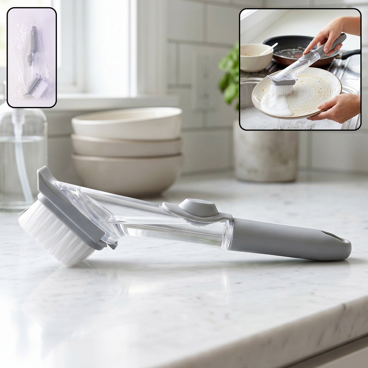 Refillable soap dispensing dish scrub brush