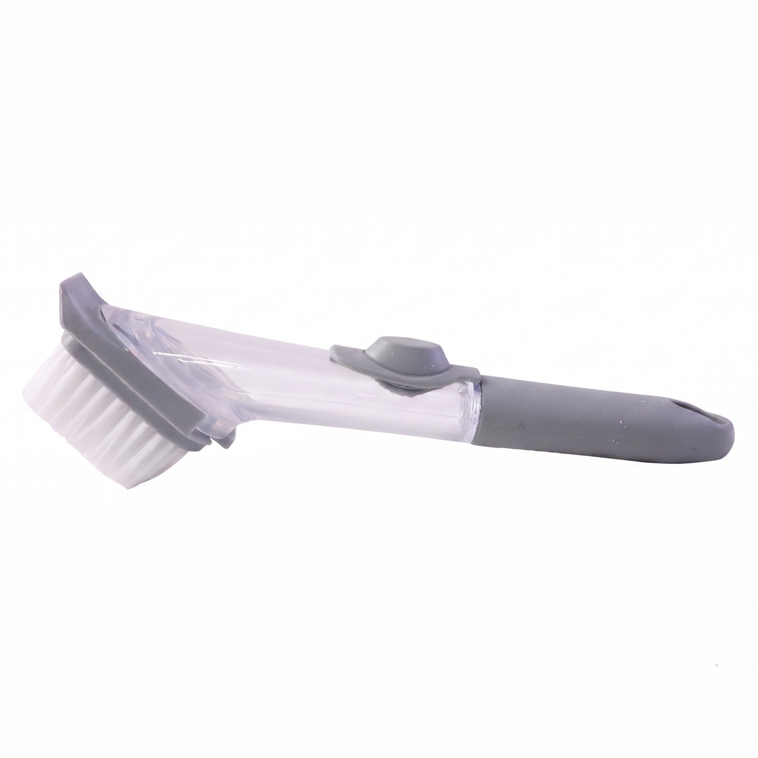 Refillable soap dispensing dish scrub brush on white background