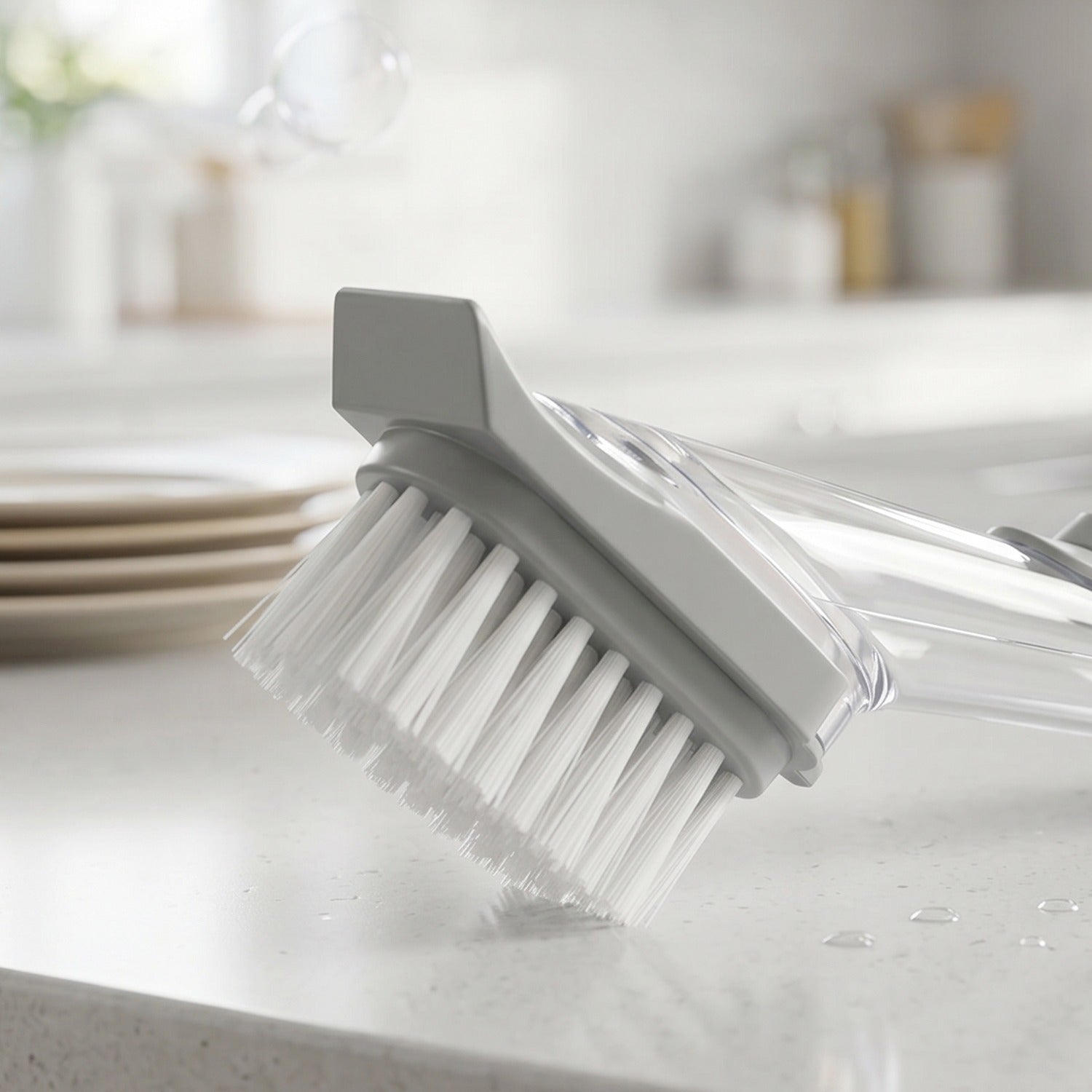 Close-up of the tough bristles on the dish scrub brush