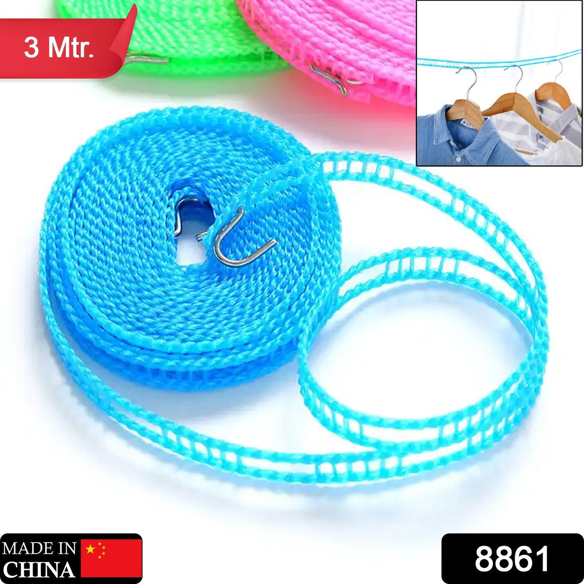 3 Meter nylon anti-slip clothesline rope with stainless steel hooks