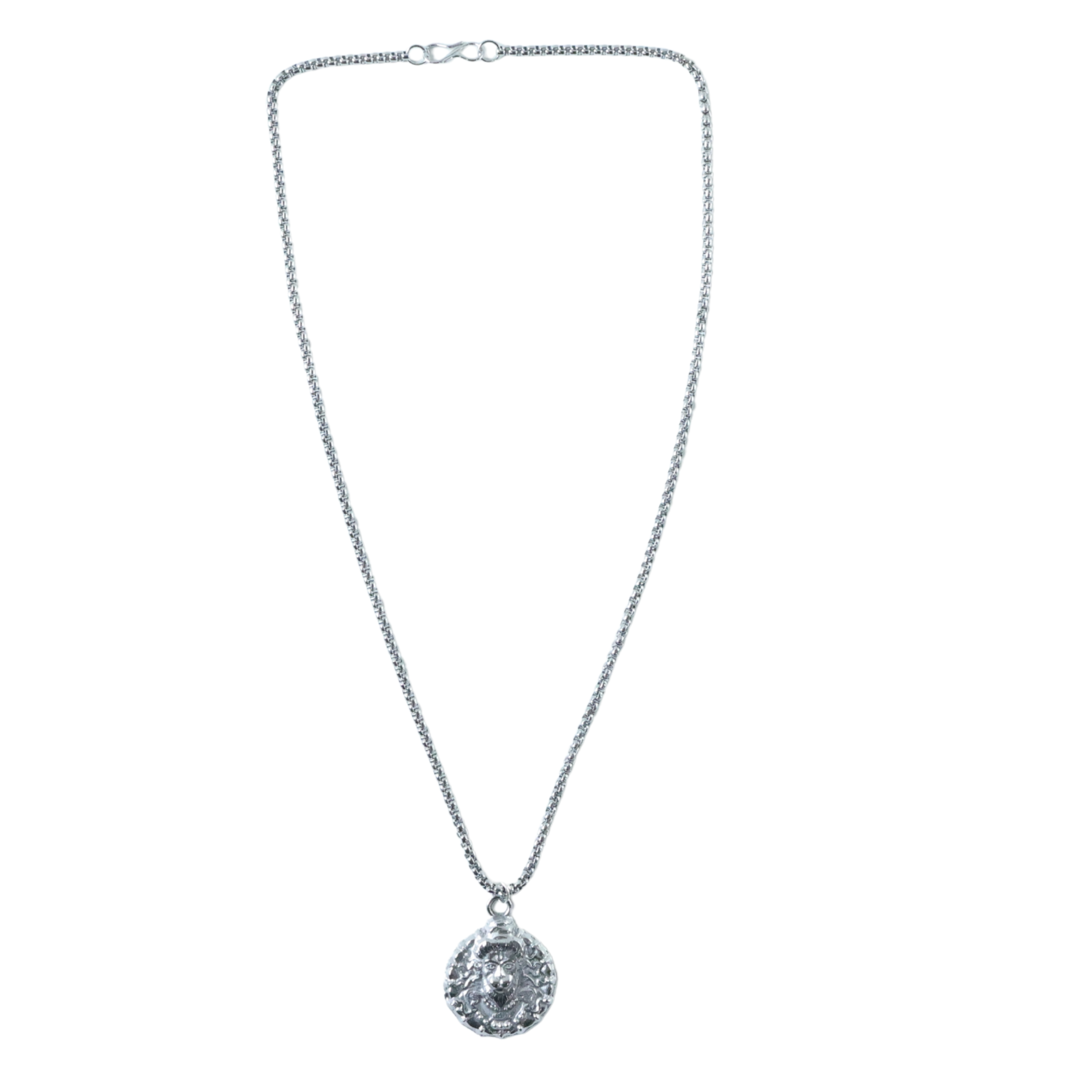 Detailed front view of Hanuman face locket pendant necklace silver chain