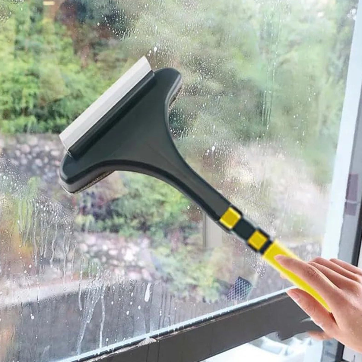 2-in-1 mesh cleaning brush and wiper with extended handle for window cleaning