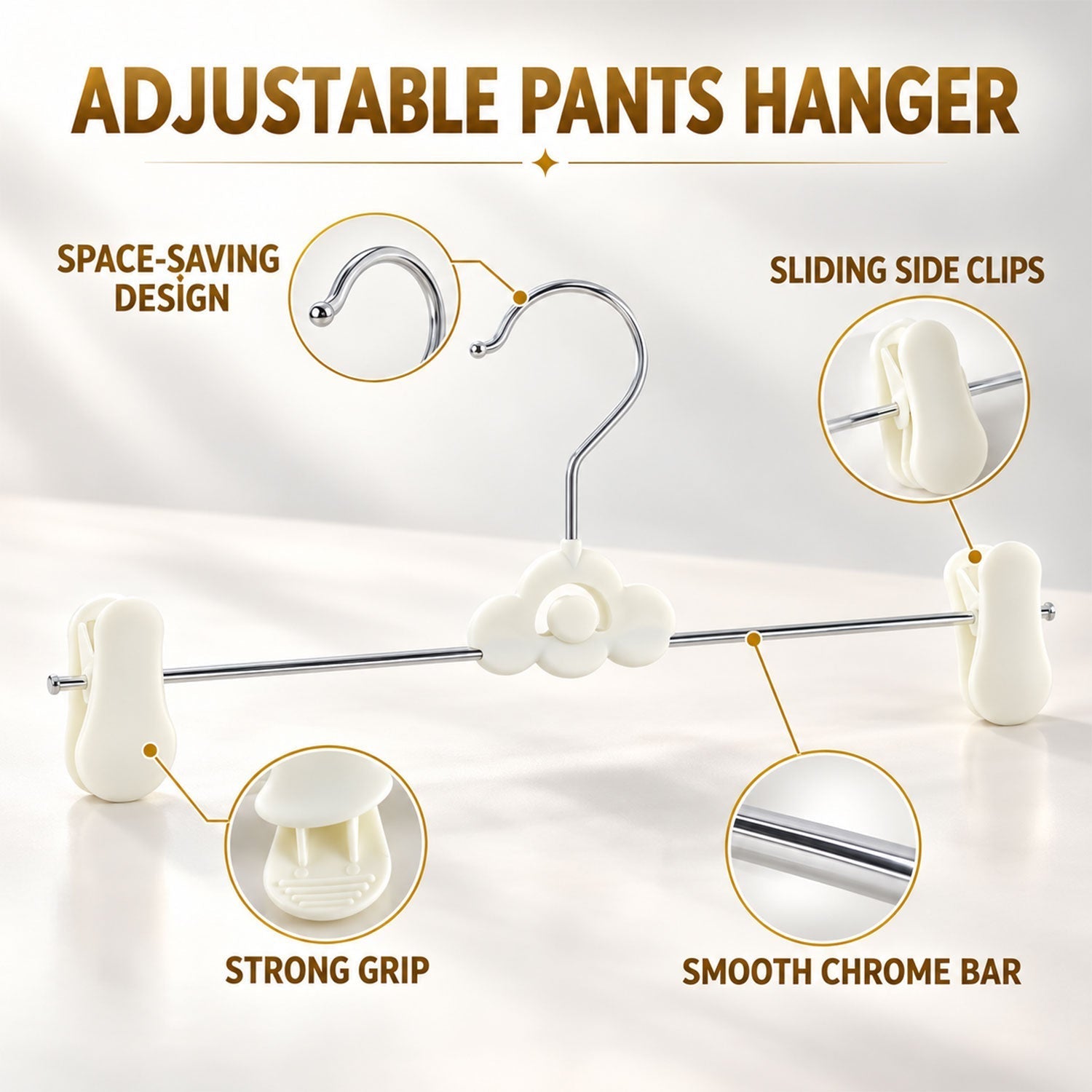 Detailed view of a white cloud-shaped hanger with chrome bar and clips, highlighting features.