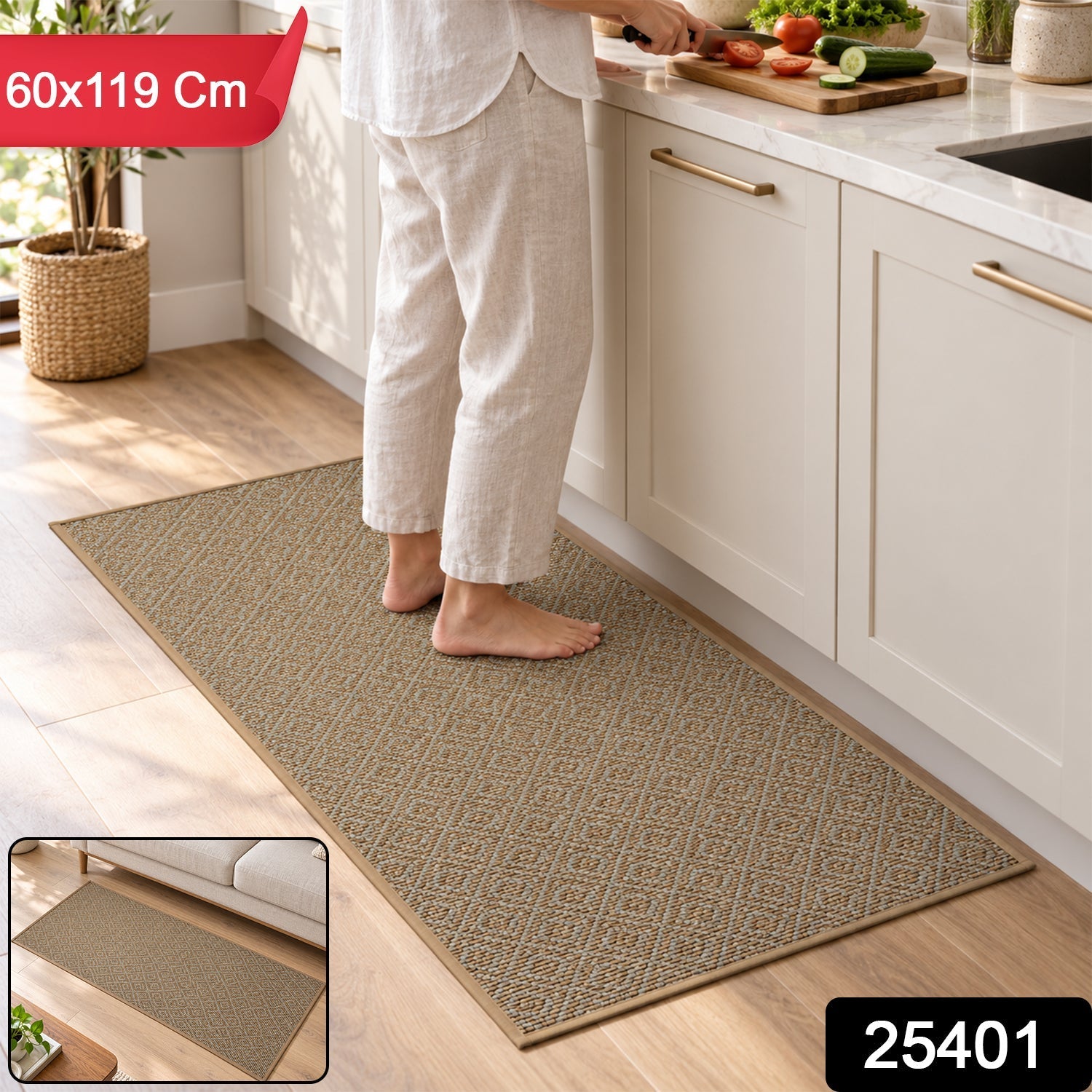 A person stands on a brown diamond-patterned runner mat in a kitchen, with an inset showing it in a living room.
