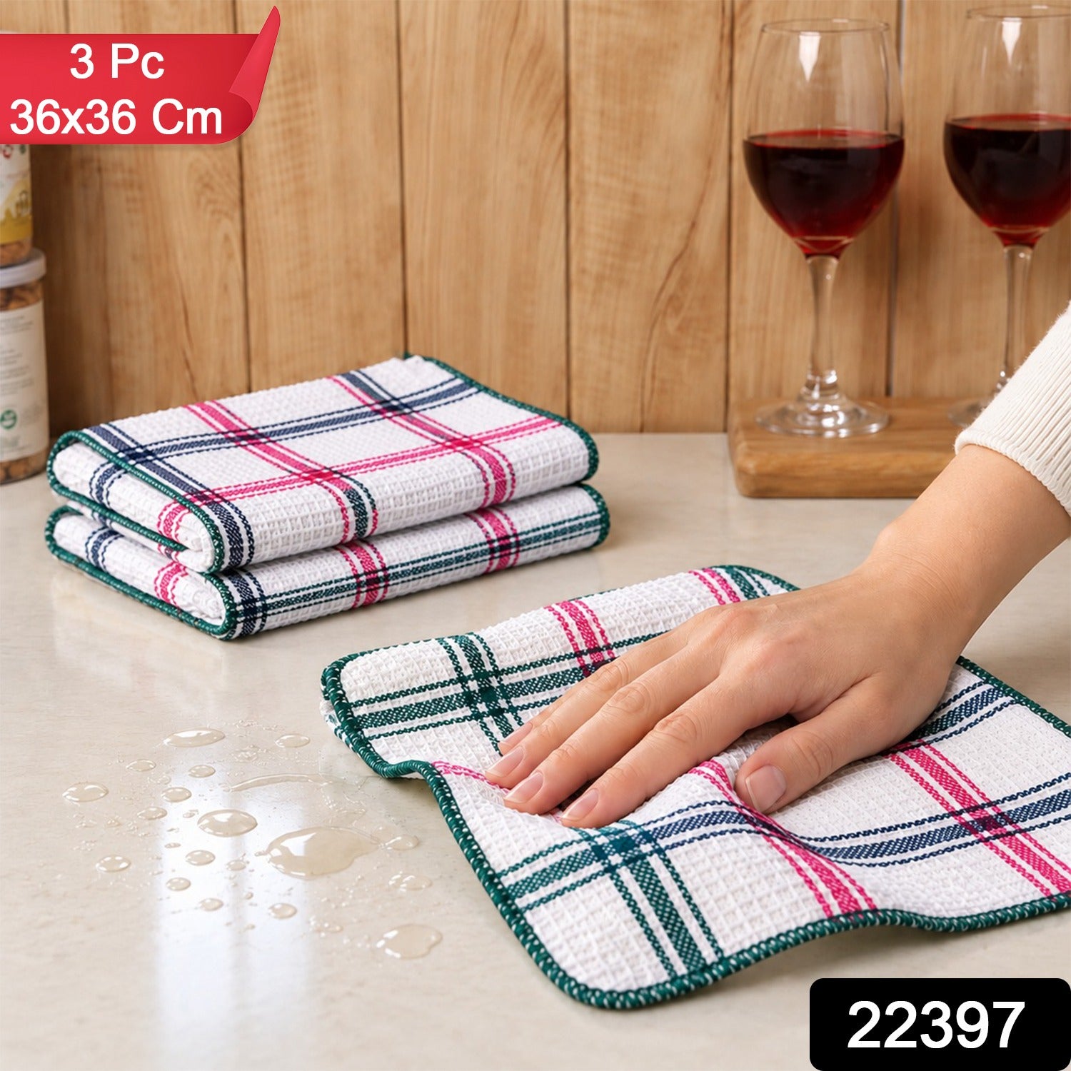 Waffle weave kitchen towel folded on a clean surface