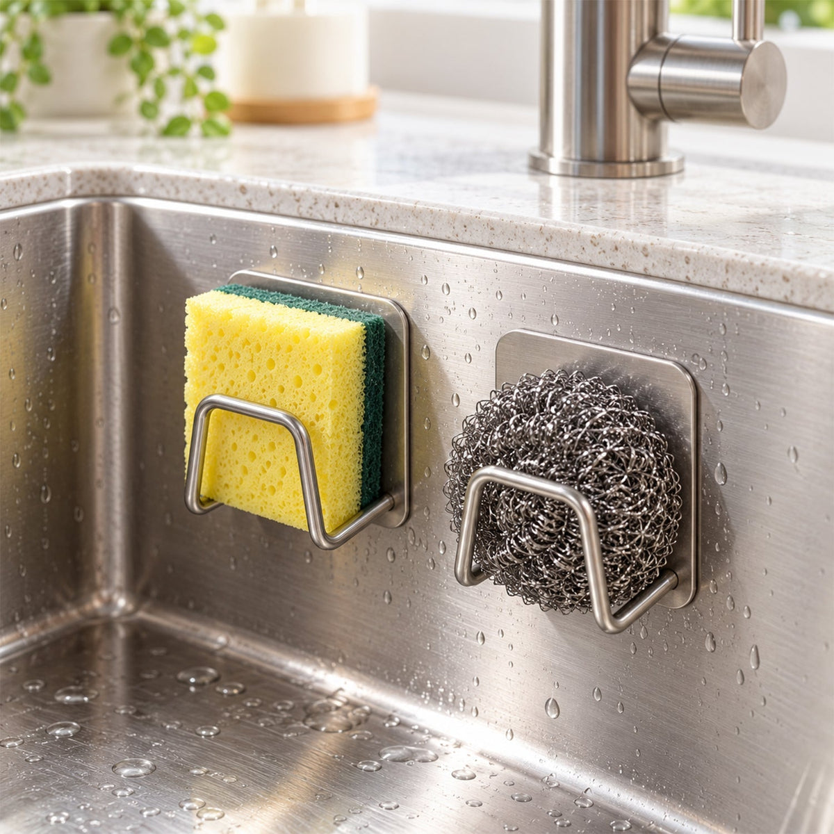 Two brushed metal sponge holders adhere to a stainless steel sink, holding a yellow sponge and a steel wool scrubber.