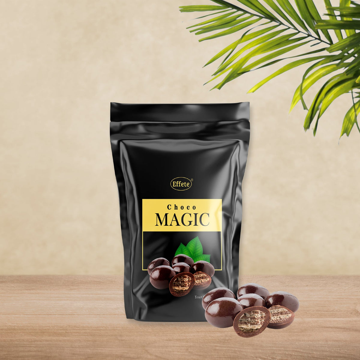 Black stand-up pouch of "Choco Magic" with several chocolate-coated wafer bites scattered on a wooden surface.