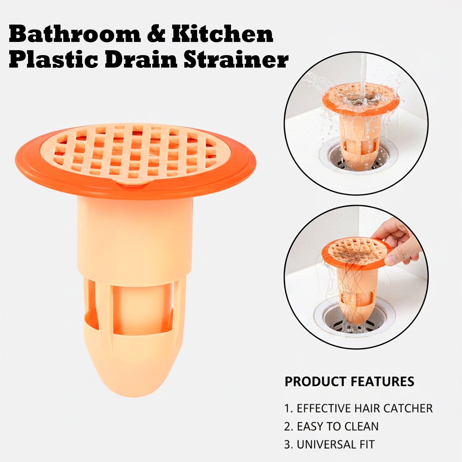 Top view of clear plastic drain strainer in a kitchen sink drain