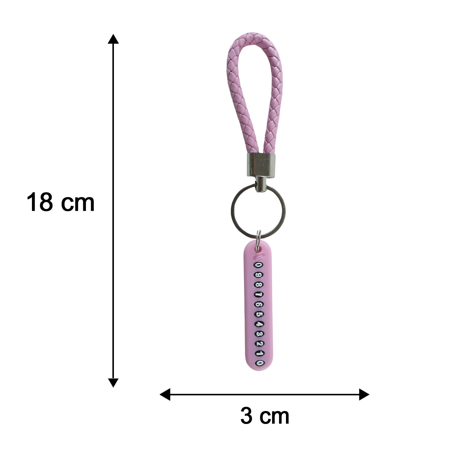 A pink braided wrist loop keychain with a pink number tag, showing dimensions of 18 cm length and 3 cm width.