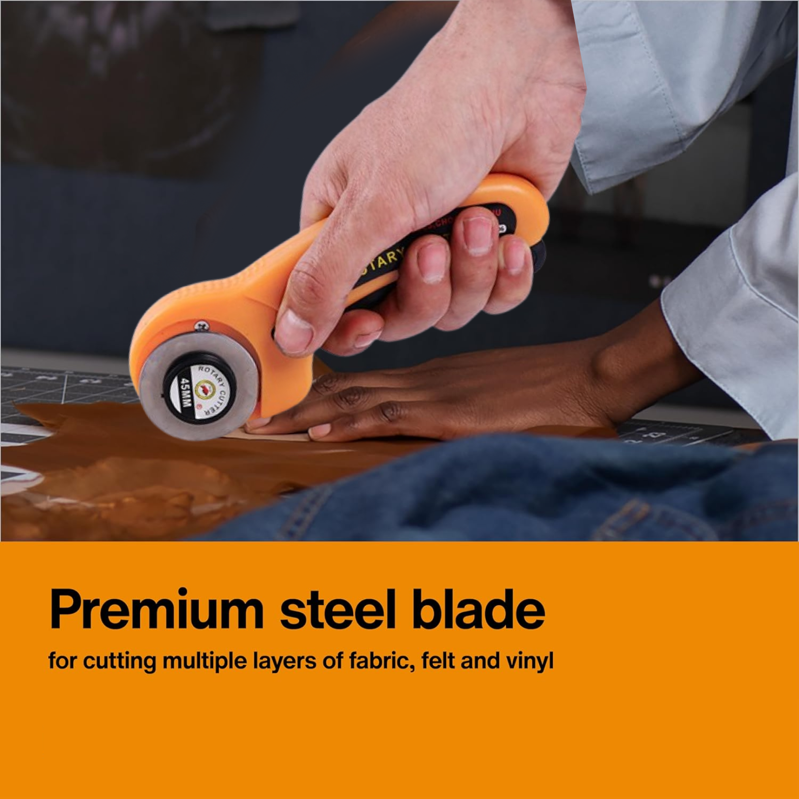 Close-up of sharp 45mm rotary blade for fabric cutting