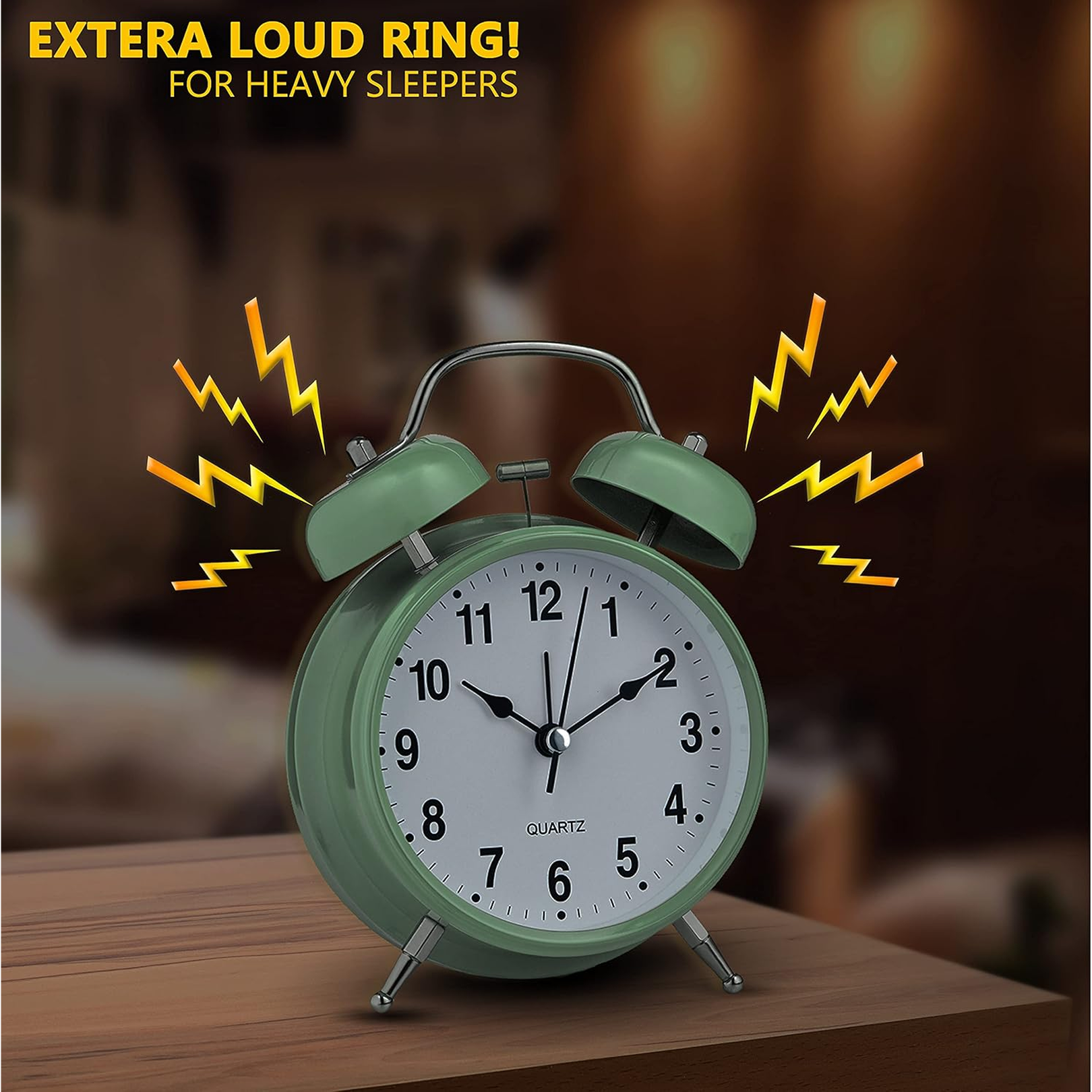 Hand holding compact twin-bell analog clock