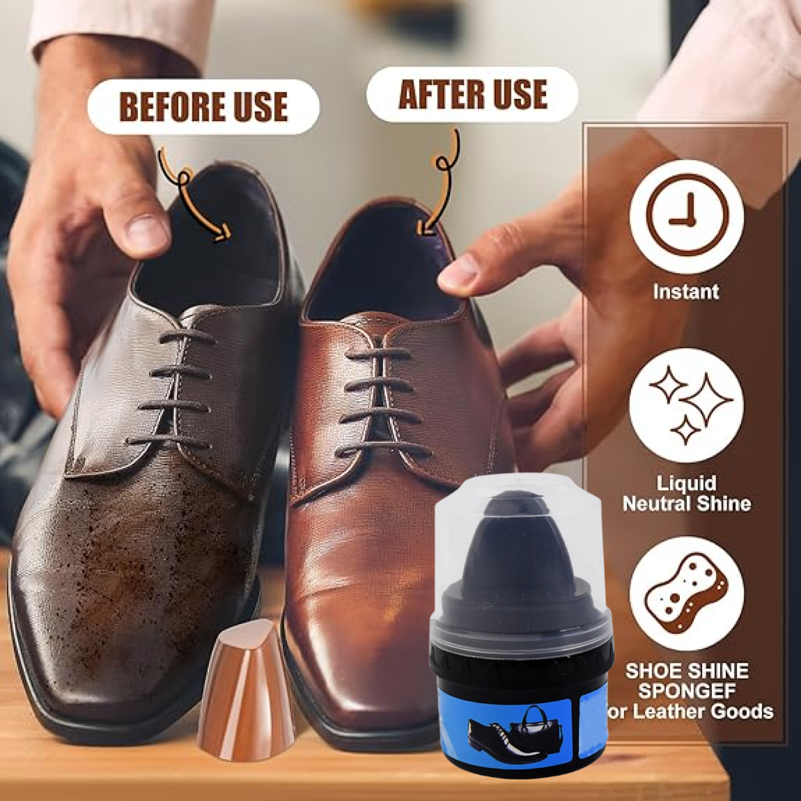 Leather shoes polished using instant shoe shine sponge