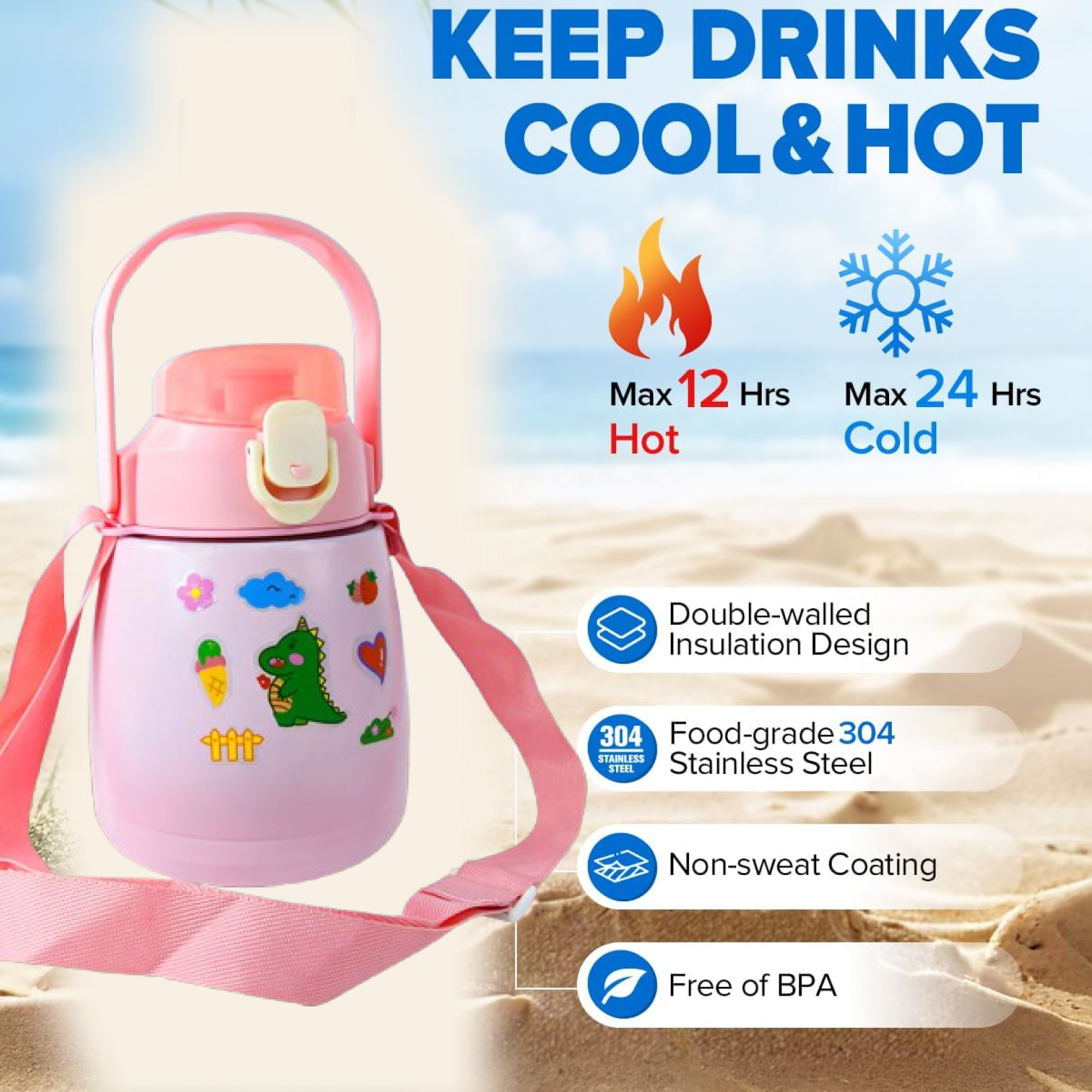 Vacuum insulated bottle front view with stickers
