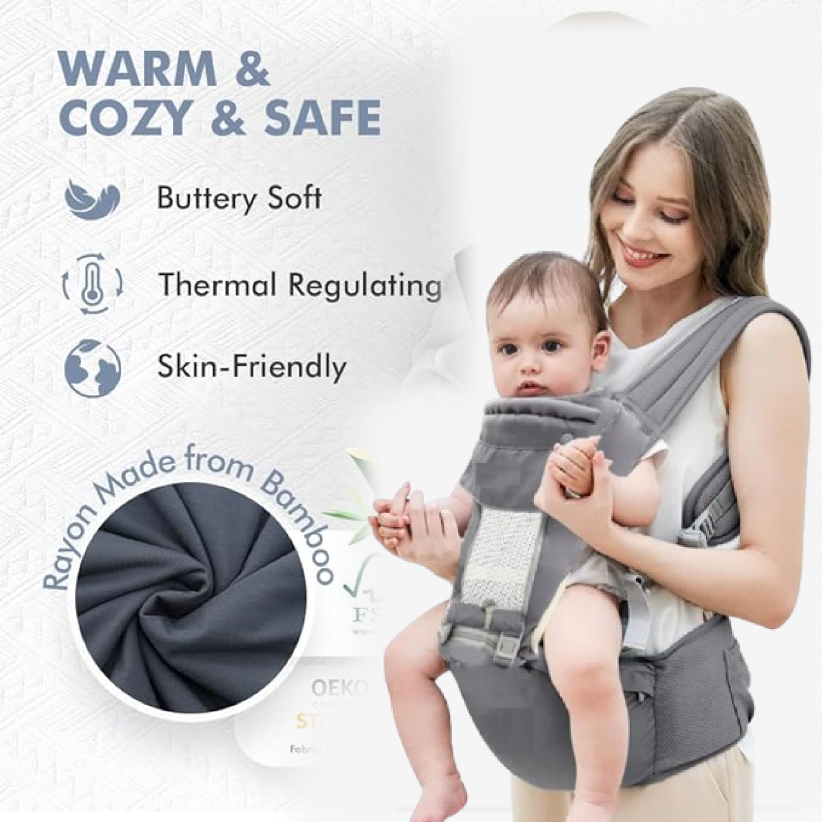 Parent carrying baby in ergonomic carrier, side view