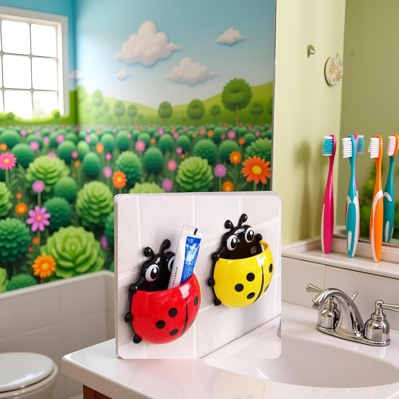 Close-up of ladybug toothbrush holder suction hook
