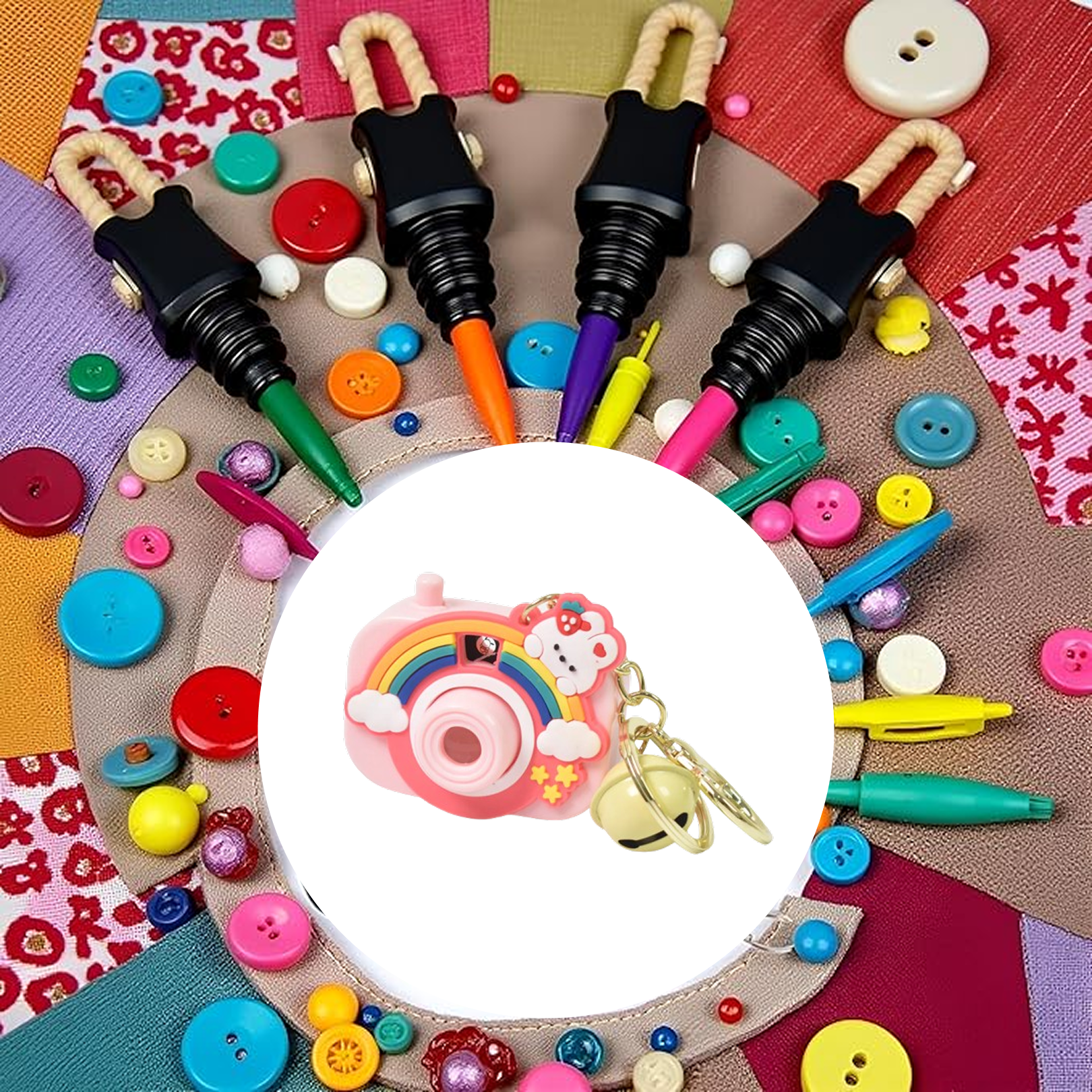 Top view of projective camera keychain showing colorful design