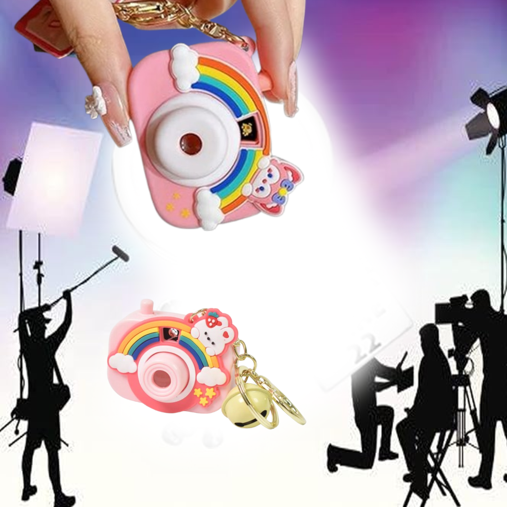 Side angle of projective camera keychain with enamel coating