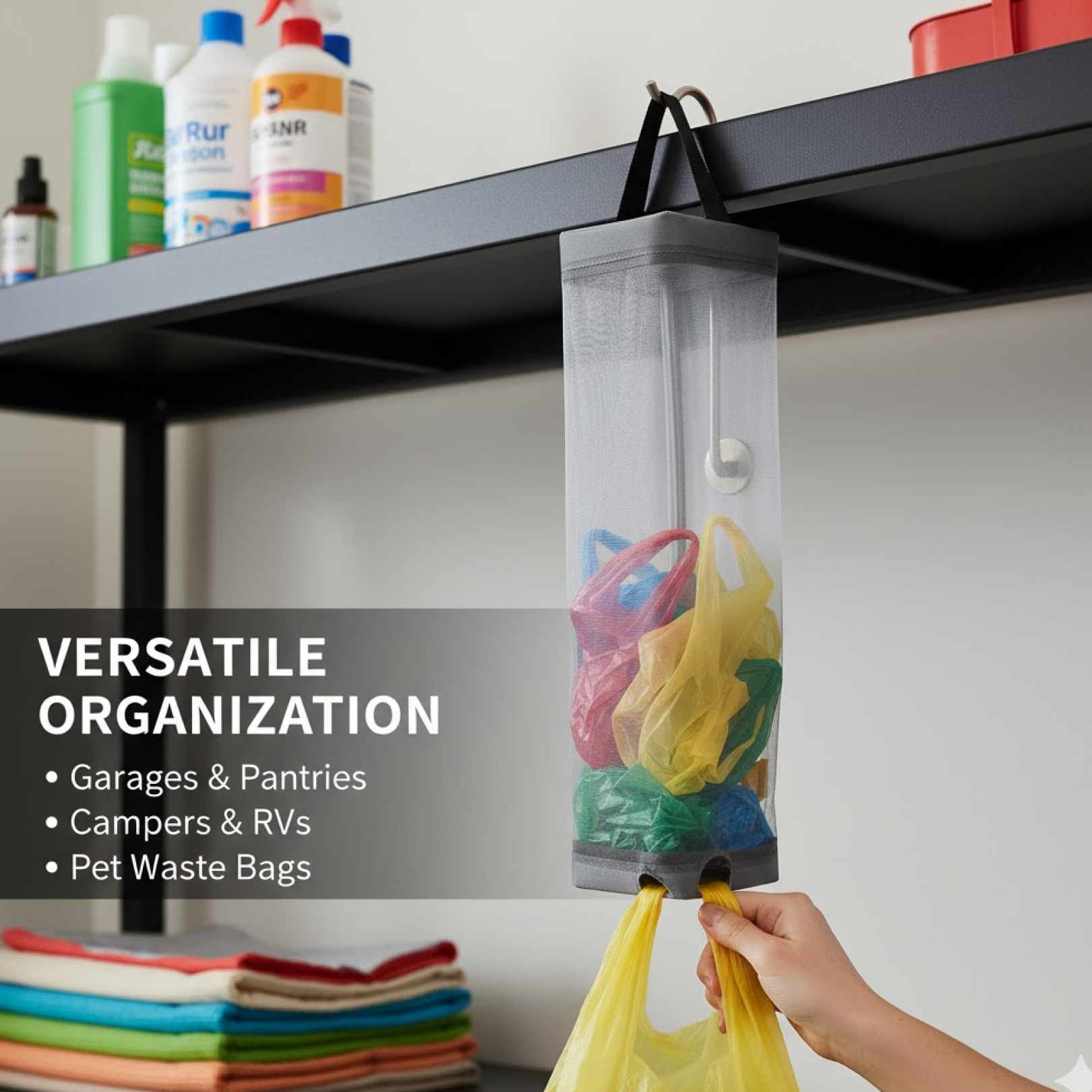 Hanging waste bag holder in kitchen setting