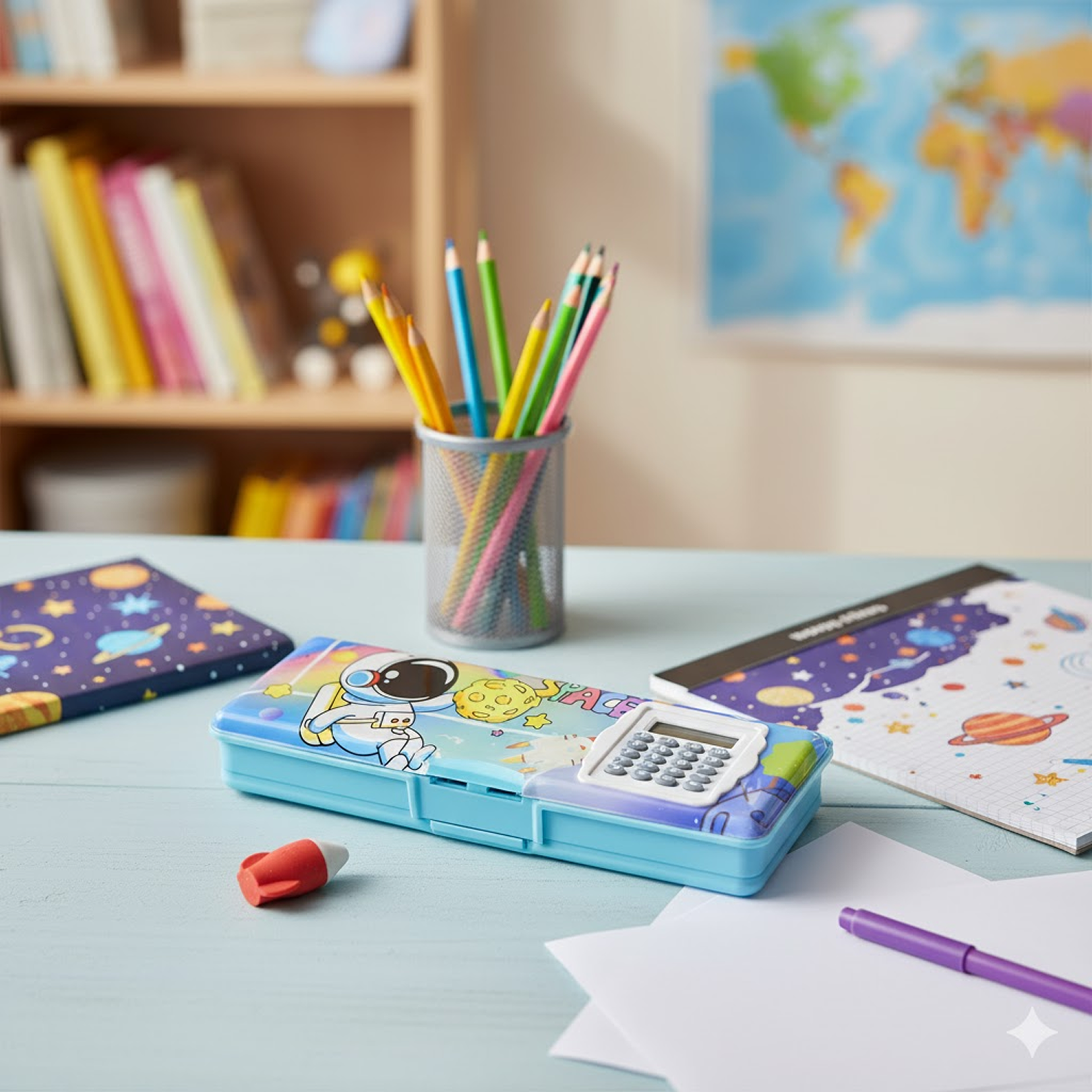 Pencil box with calculator and geometry tools open