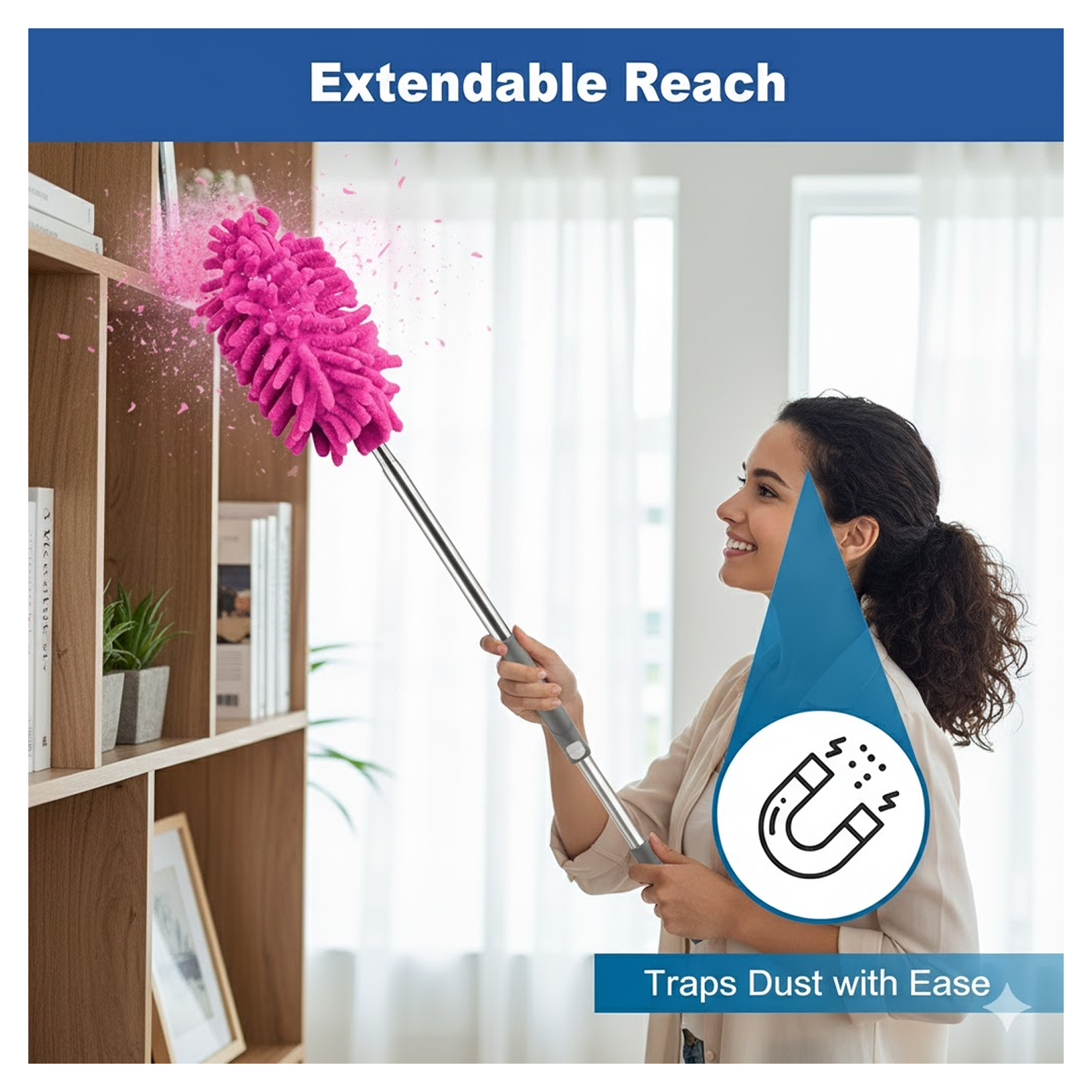 Long reach microfiber duster for ceiling cleaning