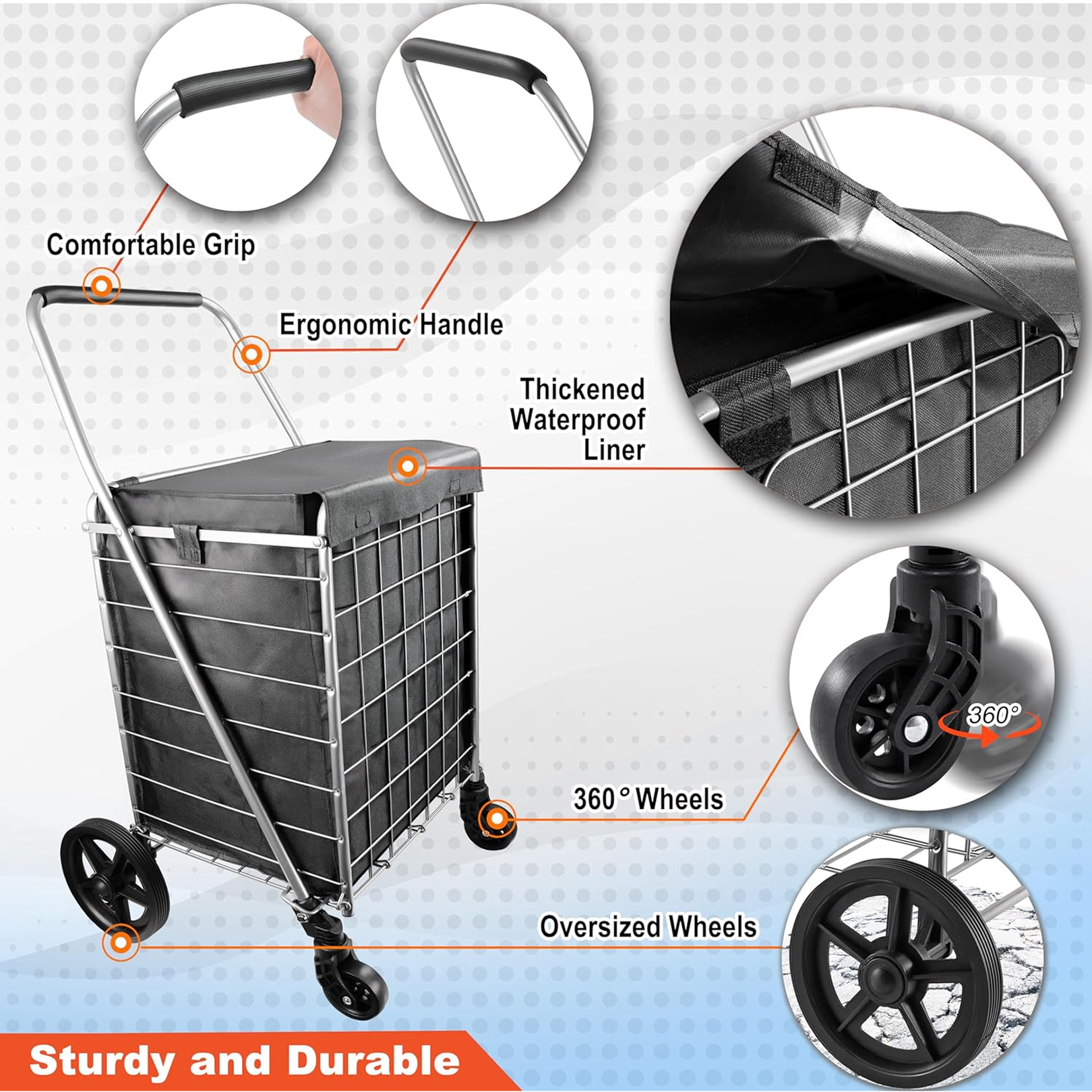 Shopping trolley side view showing foldable design