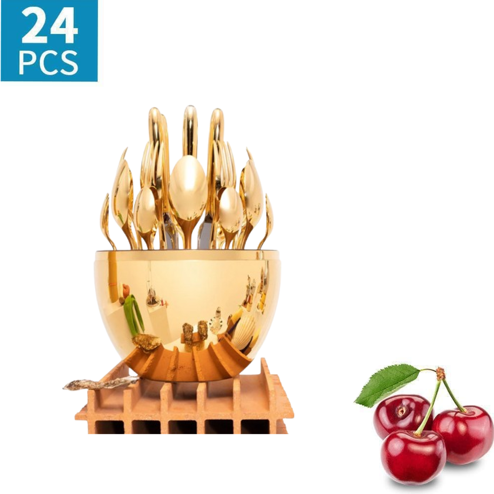 Elegant 24-piece golden cutlery set with matching oval stand