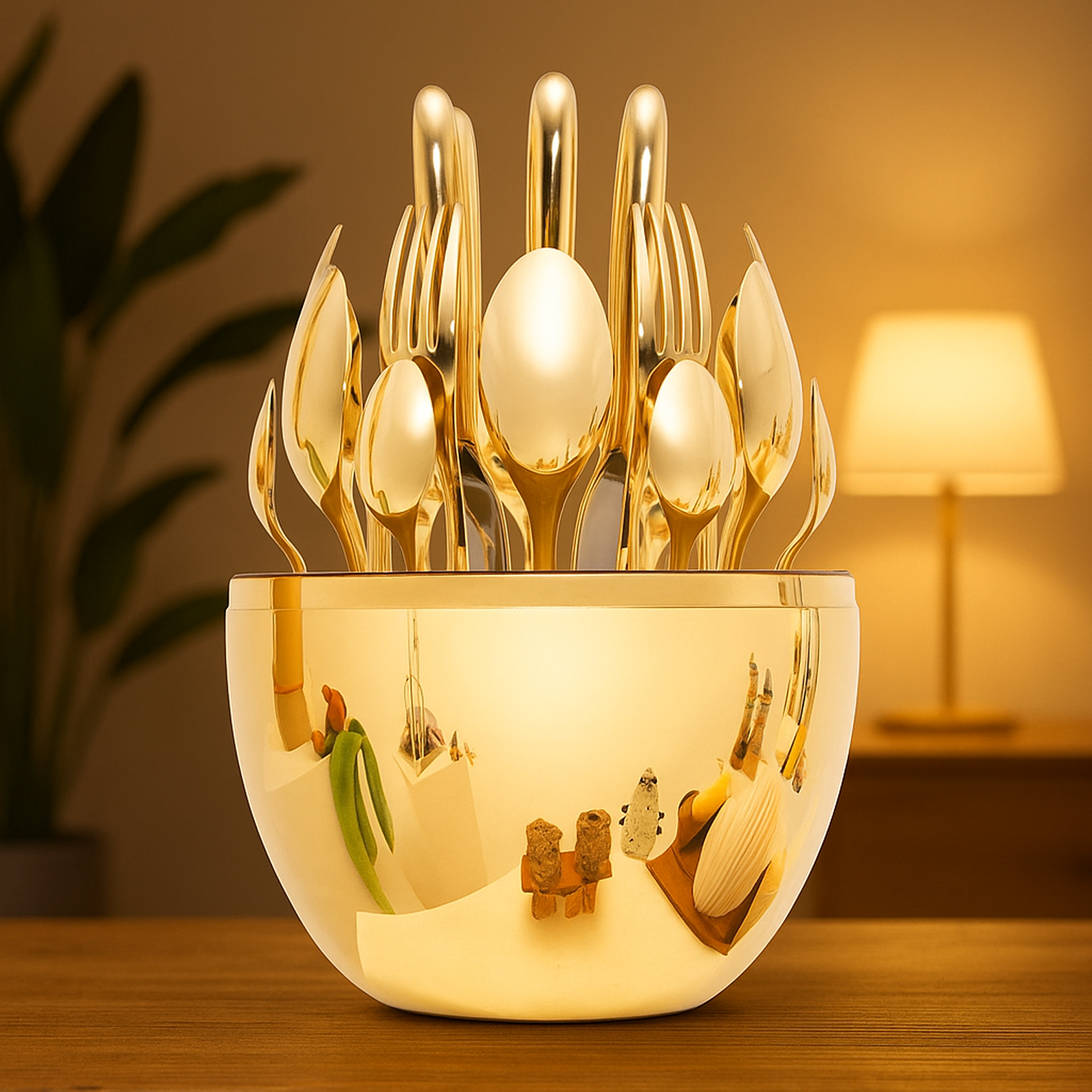Oval-shaped golden stand for the premium cutlery set