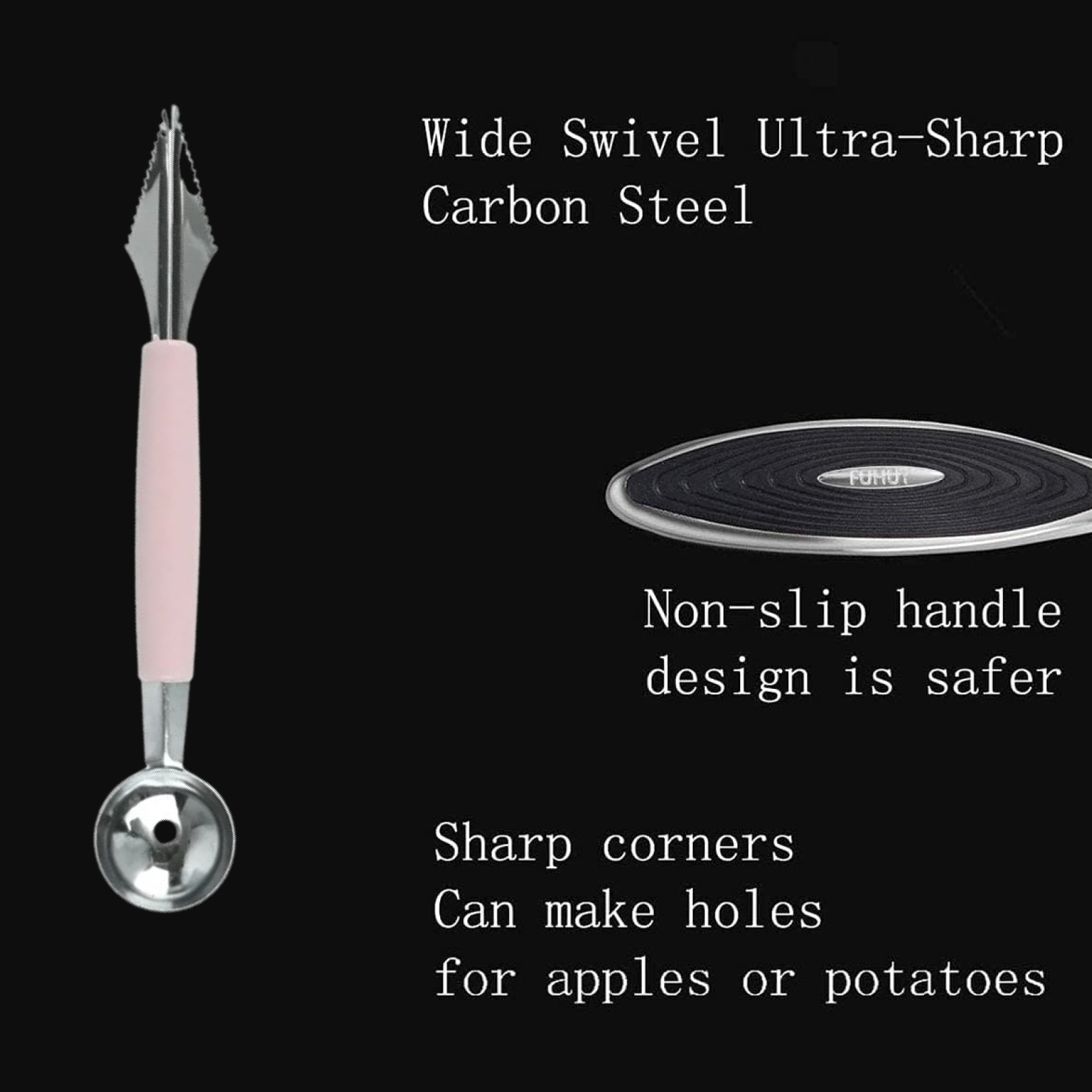 Hand demonstrating fruit carving with stainless steel tools