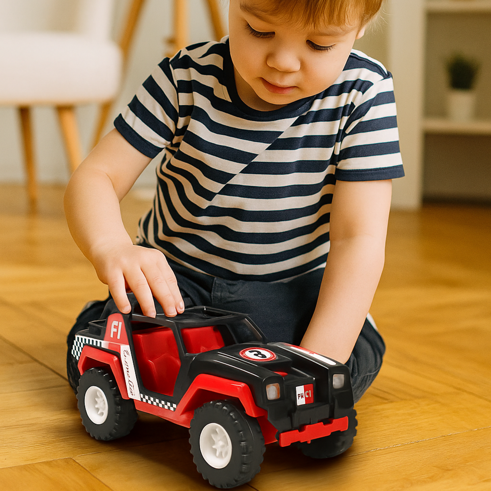 Top view of Funwoods push-and-go racing jeep