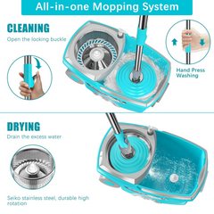 Cleaning mop with rotating head and microfiber pad