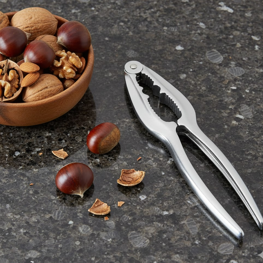 Compact stainless steel nut cracker with multiple grooves for various nuts