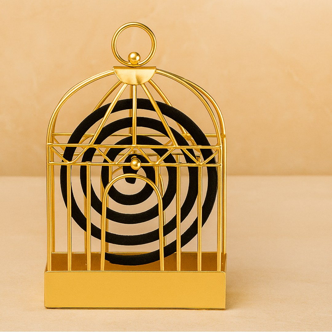 Side view of mosquito coil holder showing metal craftsmanship