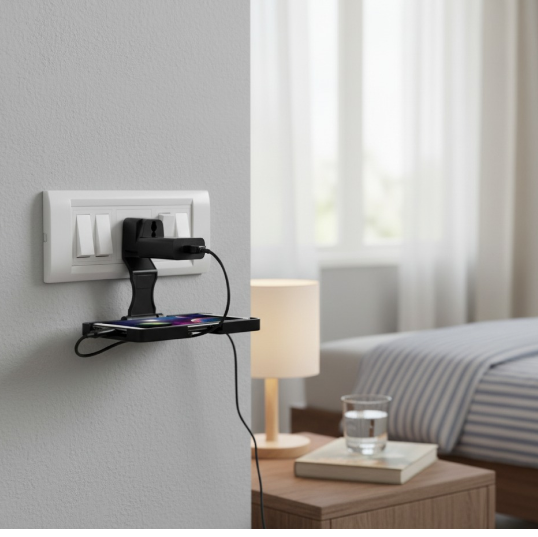 Detail of foldable mechanism on black wall holder stand