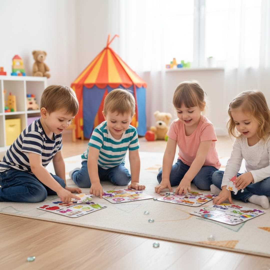 Children solving colorful ABC puzzles