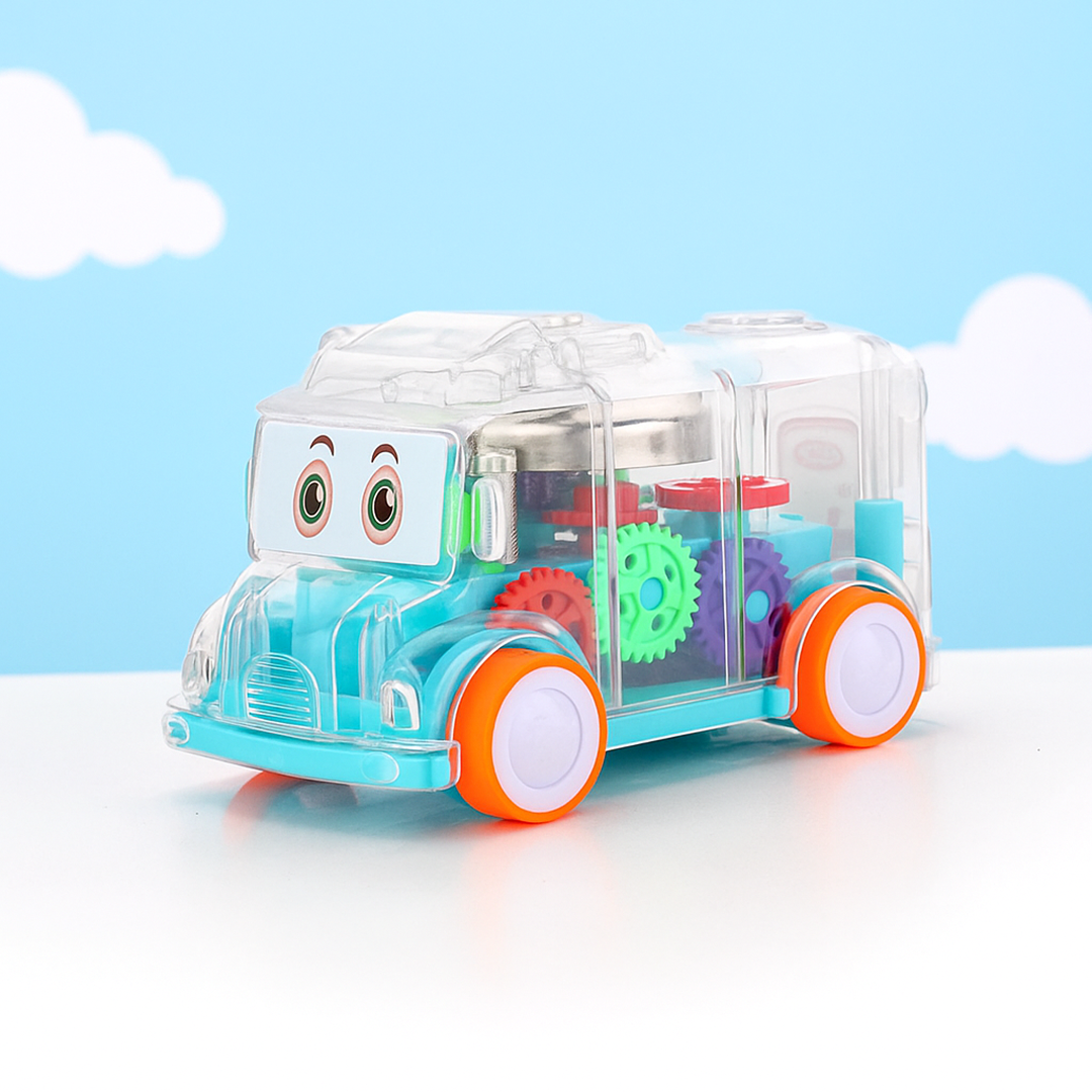 Kids having fun with the transparent musical school bus toy.