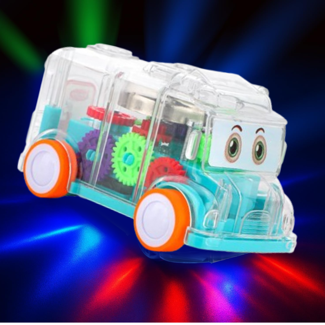 Technical specifications & dimensions of the transparent school bus toy.