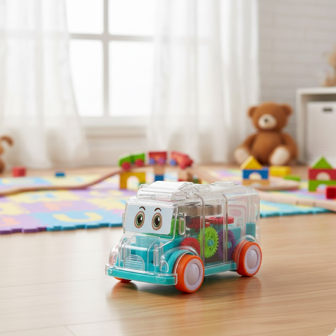 Diagram highlighting educational features of the transparent gear bus toy.