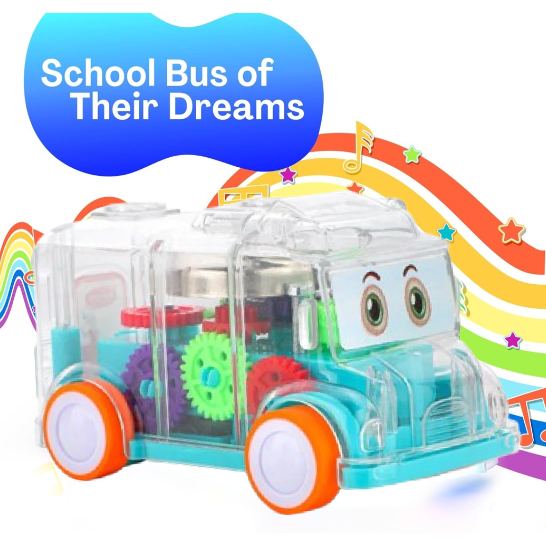 Detailed feature diagram of the musical transparent gear bus toy.