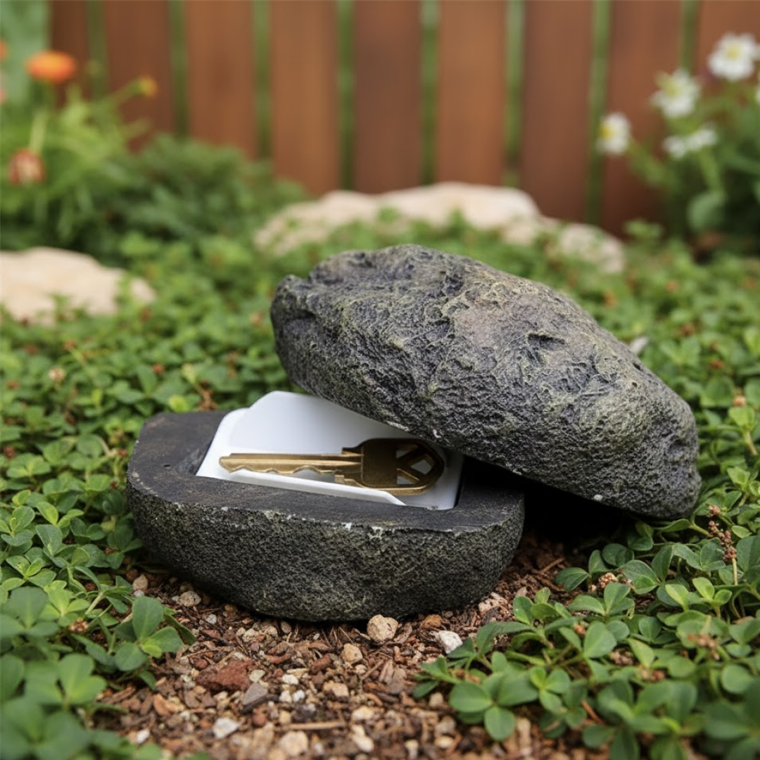 Hidden storage compartment in fake rock