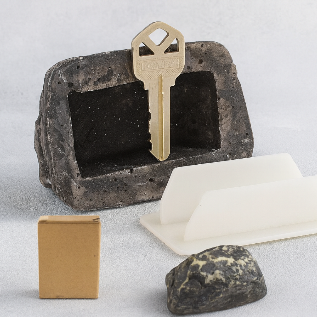Realistic exterior detail of fake rock key hider