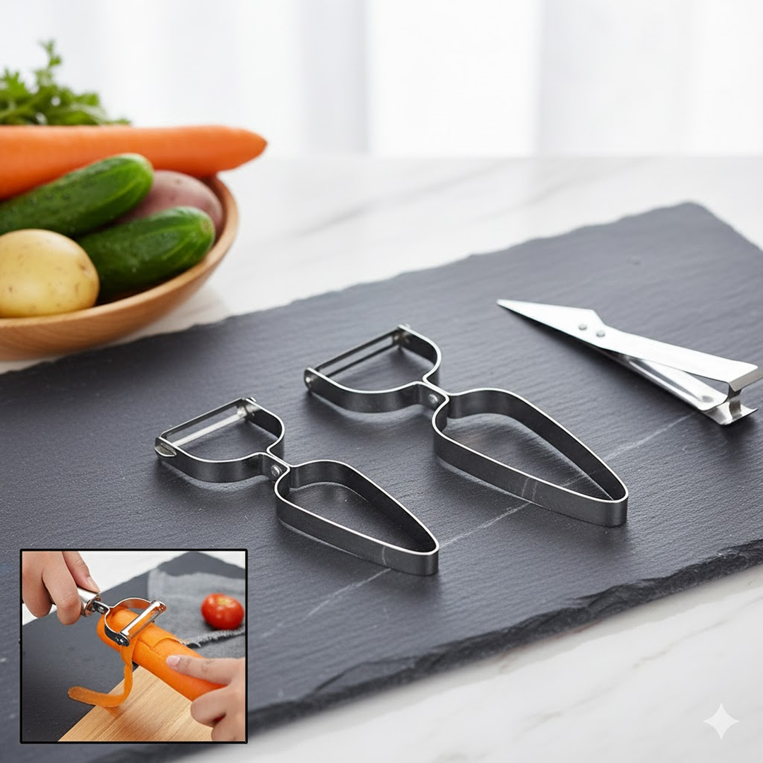 Close-up of stainless steel peeler blades