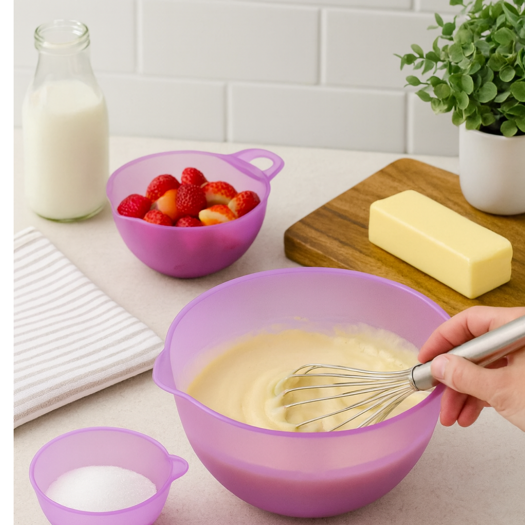 Lavender colored Apex plastic prep bowls